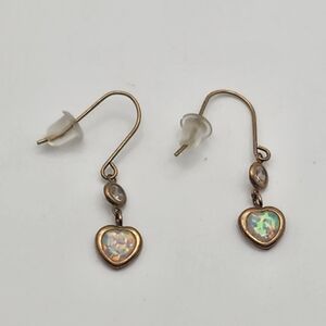 10 Karat Gold Fire Opal & Cubuc Zirconia Dangling Heart Hook Earrings